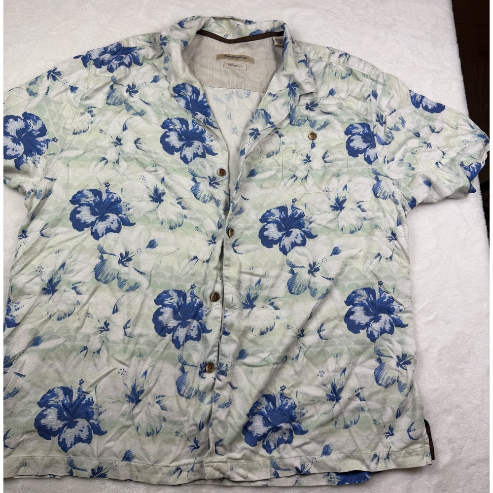 Tommy Bahama Mens 3XL Silk Original Fit Hibiscus Floral Camp Shirt Blue White